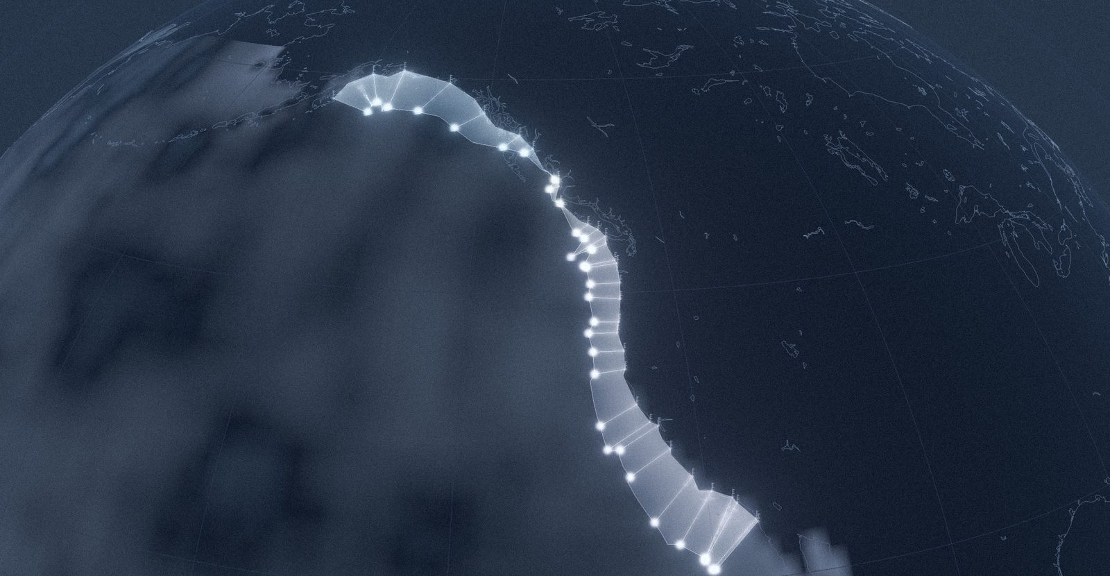 Bluegraph’s globe looking down on the coast of North America in October 2026, with tide gauges lit along the shore from California to Alaska and high sea level offshore.